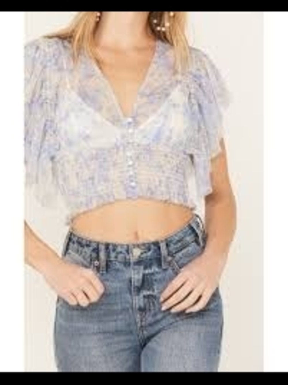 Light Blue Floral Cropped Button-Front Top